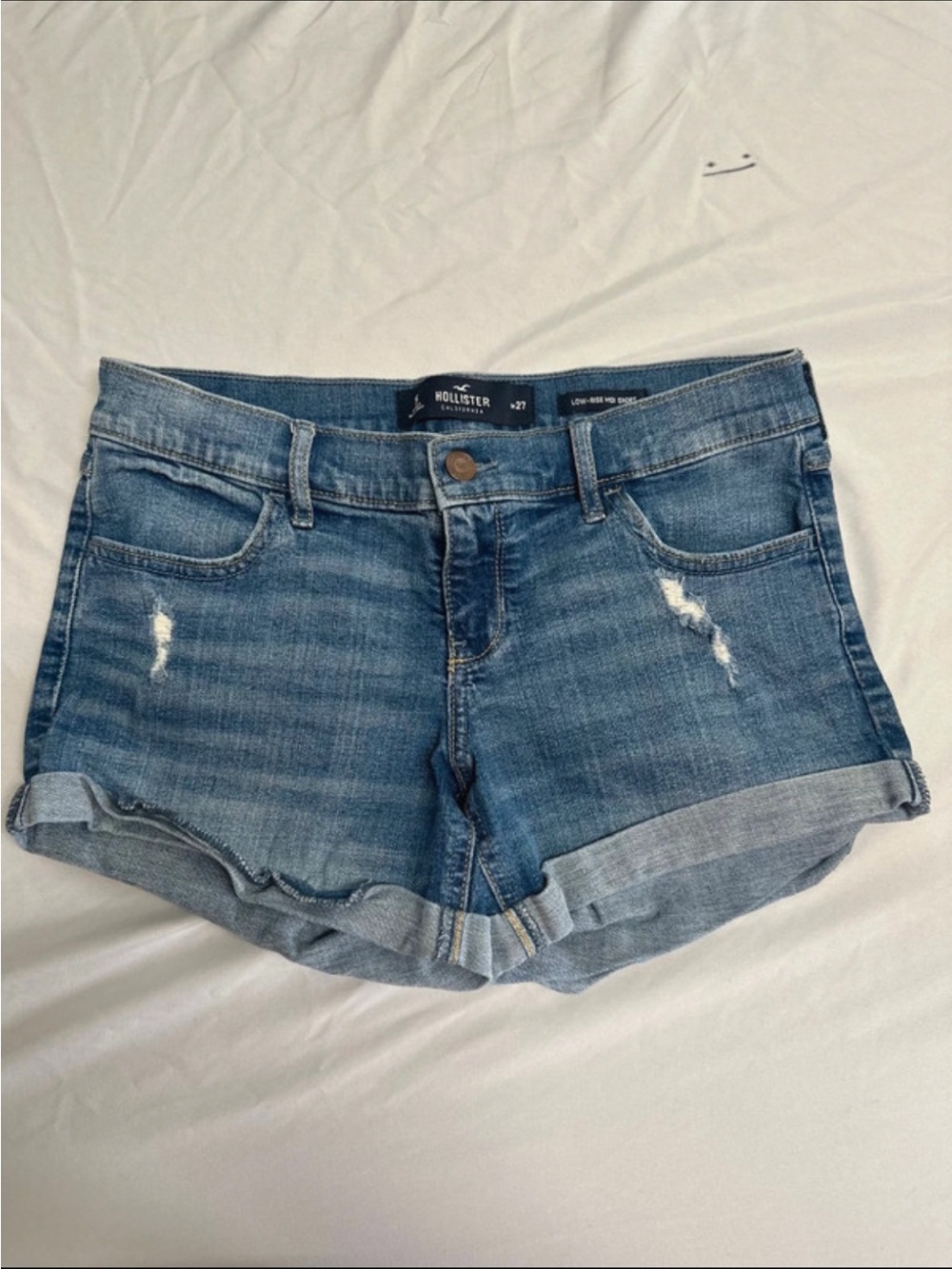 Hollister Women's Blue Distressed Roll-Cuff Denim Shorts
